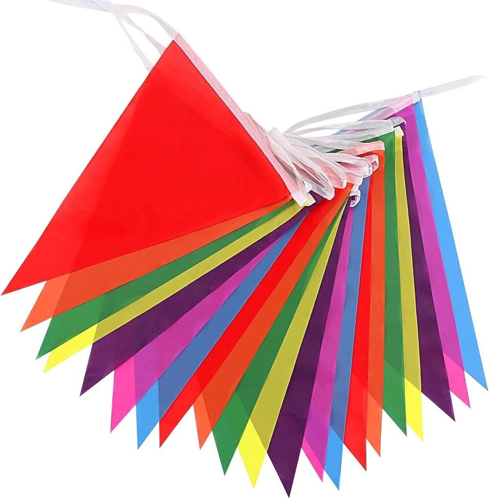 Reusable Pennant Banner, (3) 30 Foot Rainbow String Flags, Kids Birthday Party